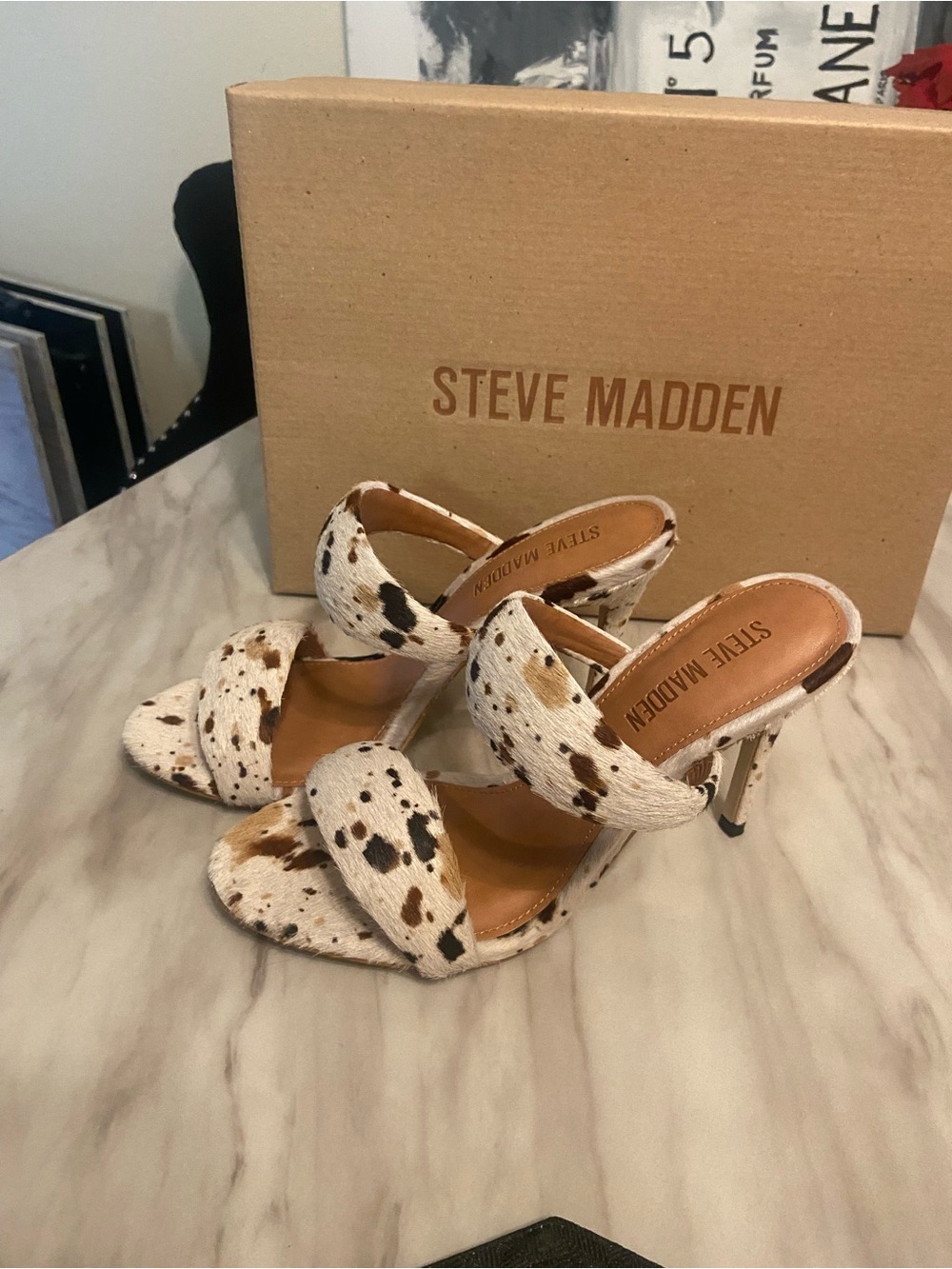 Steve Madden Cow-Print Double Strap Heels in White and Brown